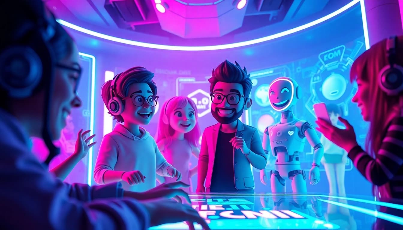 Exciting CrushonAI chat scene with animated characters engaging users in a vibrant digital environment.