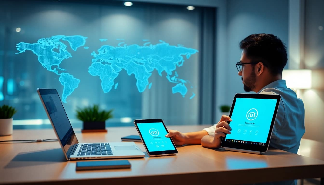 快连官网 interface displayed on devices in a modern workspace, showcasing global connectivity and security.