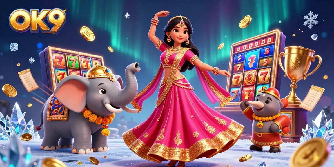 Spin the jackpots at OK9 with a vibrant casino scene featuring a beautiful Asian woman and a bejeweled elephant.