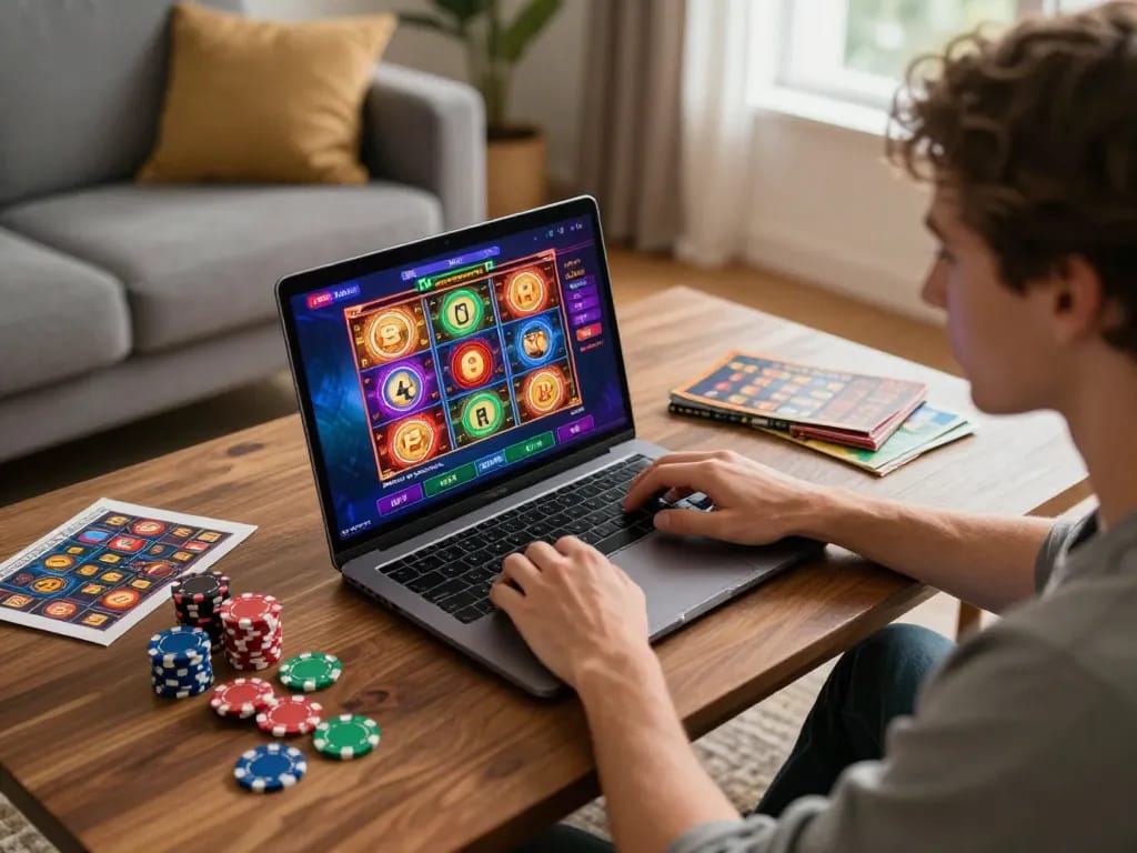 Player strategizing on OXBET online casino game with colorful interface in a cozy home.