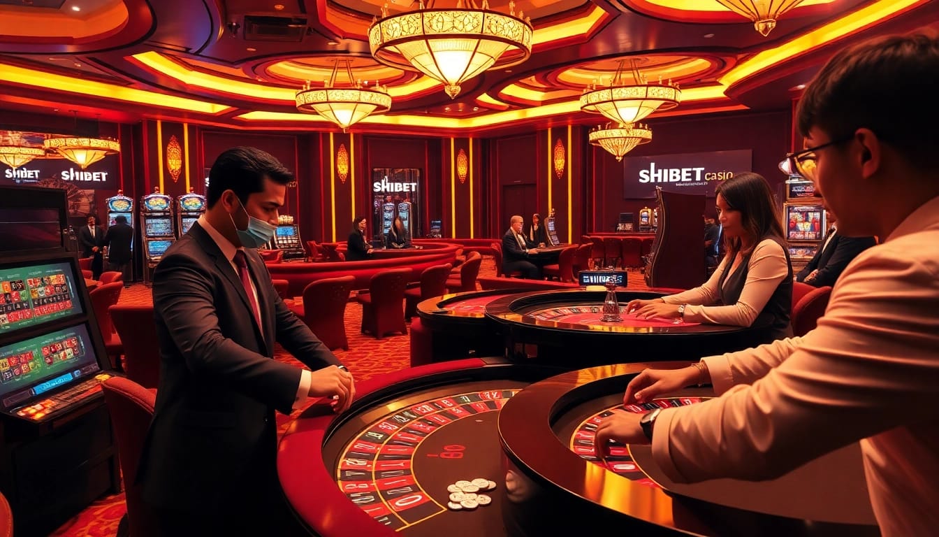 Experience thrilling gameplay at SHBET's vibrant casino tables surrounded by excitement.