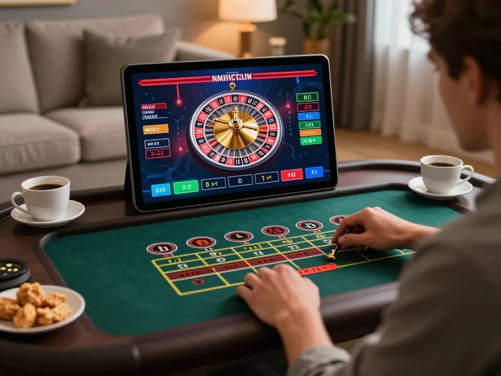 Player engaging with one88h roulette on a tablet in a cozy home setting, showcasing online gambling.