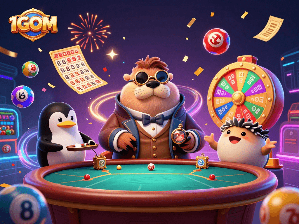 Engage in thrilling bets with 1GOM at an underwater poker table featuring a jolly walrus and penguin dealer.