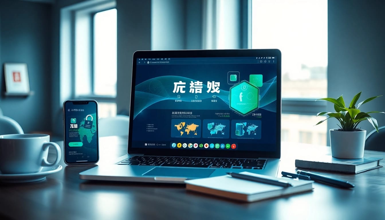 快连下载 app on a laptop showcasing global connectivity in a modern workspace.