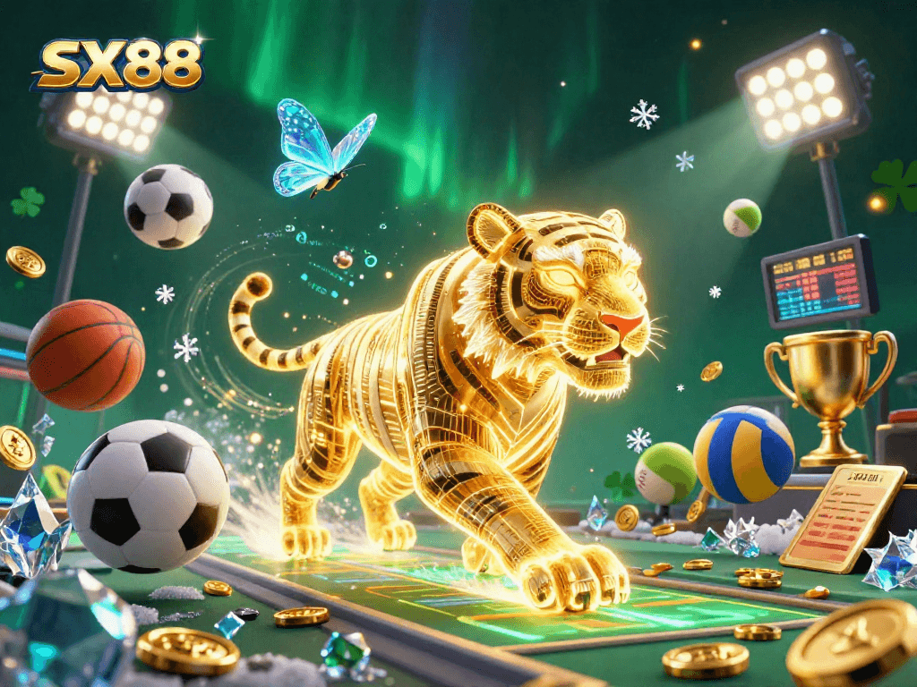 SX88 immersive gaming experience with a golden tiger and holographic butterflies in a vibrant casino