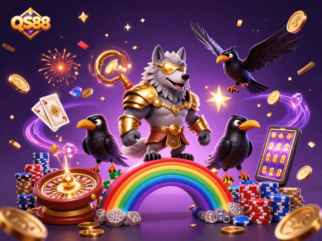 Experience the thrilling gameplay of QS88 with vibrant casino elements and mythical characters in a captivating setting.