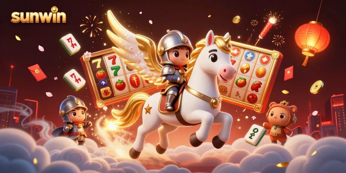 Experience the excitement of sunwin with a vibrant 3D casino illustration featuring a galloping celestial horse and casino elements.