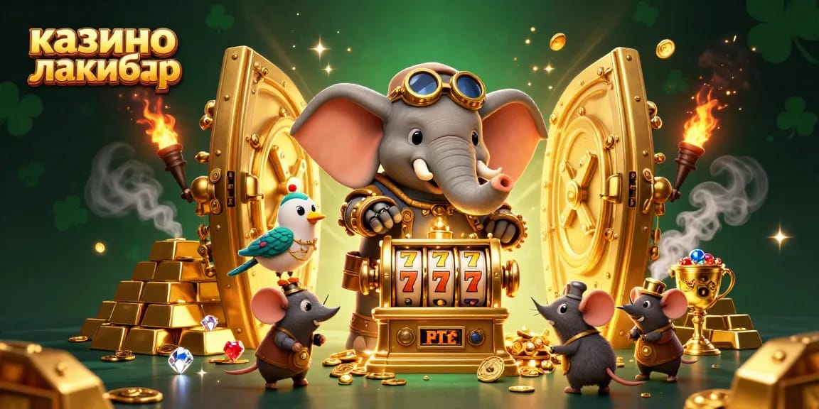 Spin the golden slot machine at казино лакибир, surrounded by treasures and steampunk elements.