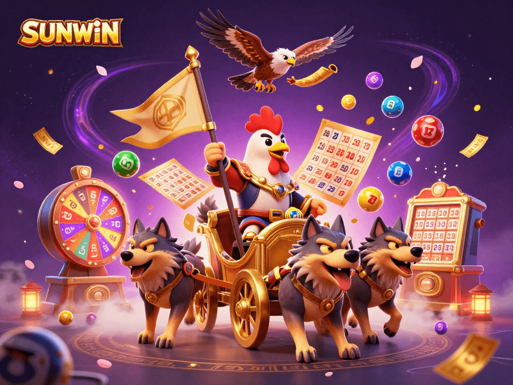 SUNWIN highlights an energetic carnival scene with a rooster warlord leading the charge amidst colorful gambling elements.