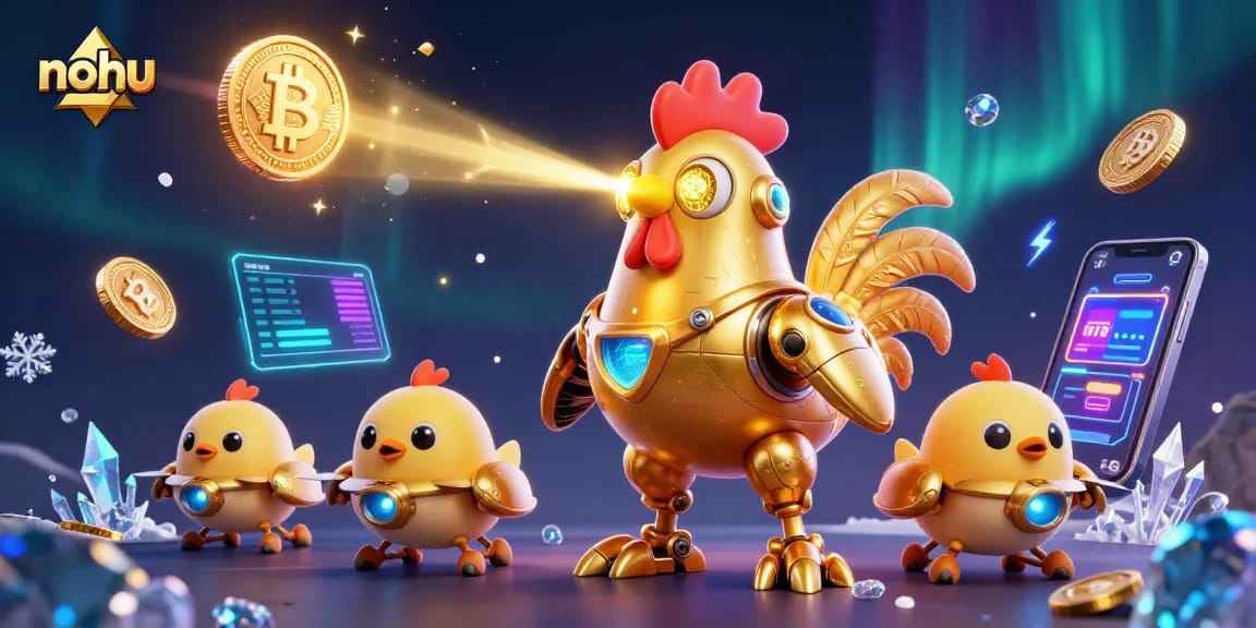 Nohu's golden rooster robot shoots laser beams alongside crypto coins in a vibrant casino scene.