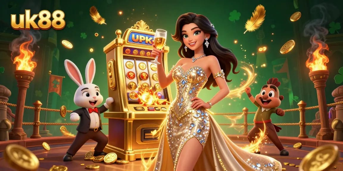 Experience thrilling wins at uk88 with a glamorous woman and a golden slot machine, celebrating big jackpots.