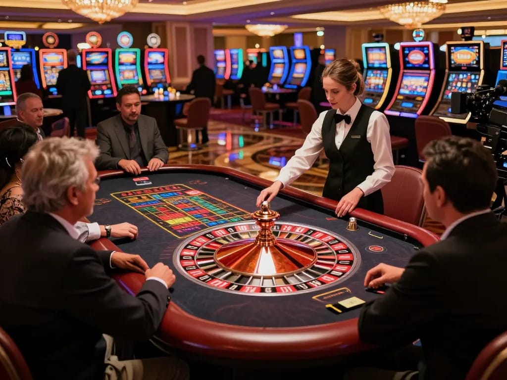 Players placing bets on an elegant roulette table while discussing debet strategies in a luxurious casino.