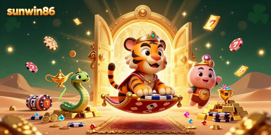 Spin the reels with sunwin86 for a magical win in this vibrant 3D casino illustration!