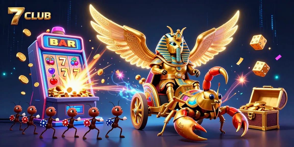 Engage in thrilling gameplay at 7CLUB with vibrant casino scenes and dynamic characters.