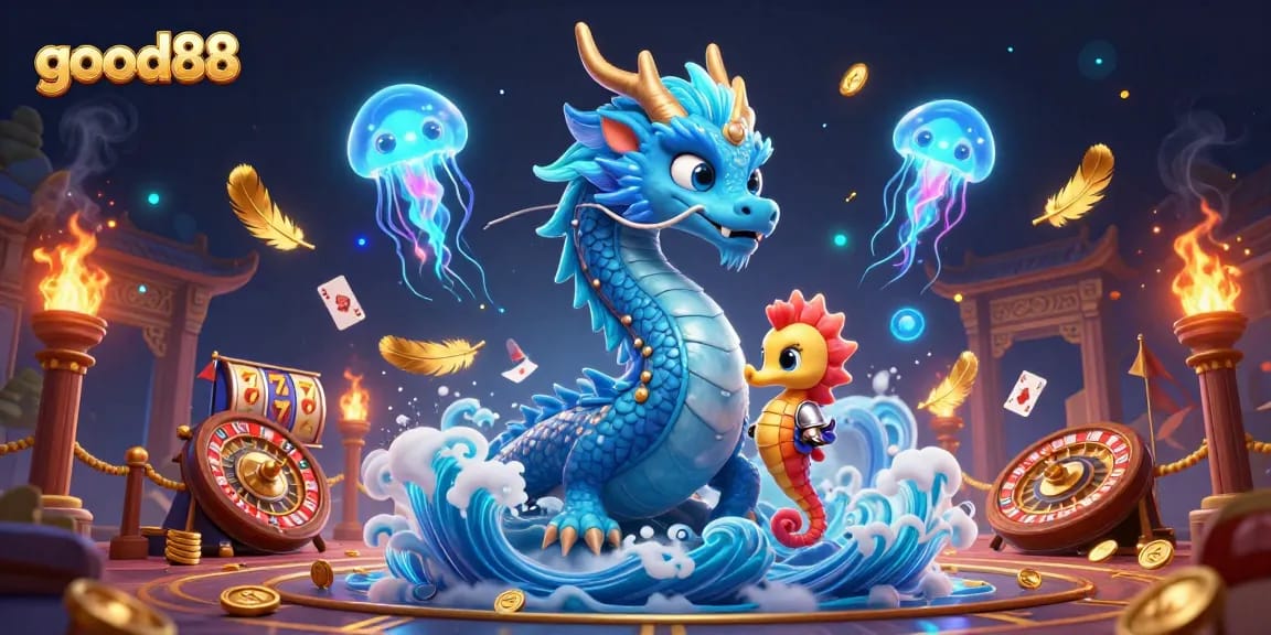 good88 casino dragon dynamic scene with a luminous seahorse and neon jellyfish, spinning slots.