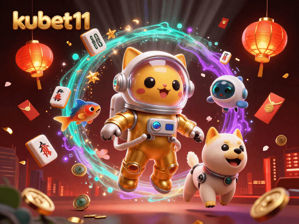 Experience thrilling gameplay at kubet11 with a dynamic scene of a golden space astronaut cat and robot dog in a vibrant casino nebula.