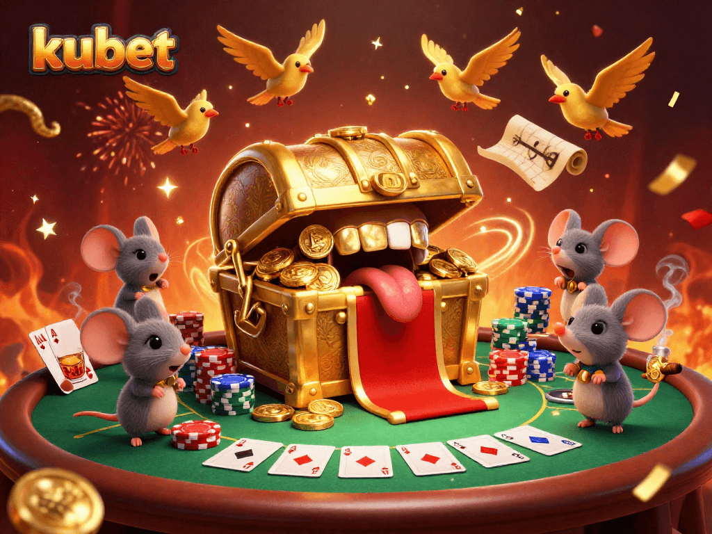 Engage with kubet’s vibrant casino scene featuring a treasure chest and poker elements.