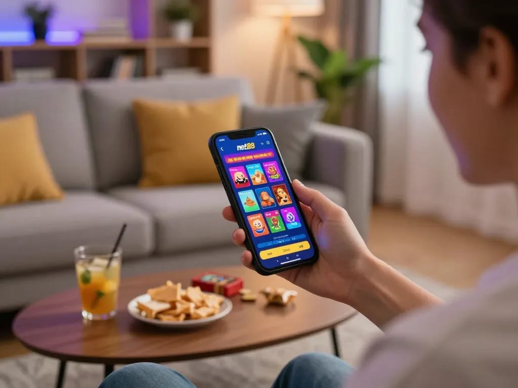 Player enjoying the net88 mobile casino app in a cozy home environment, showcasing excitement and engagement.