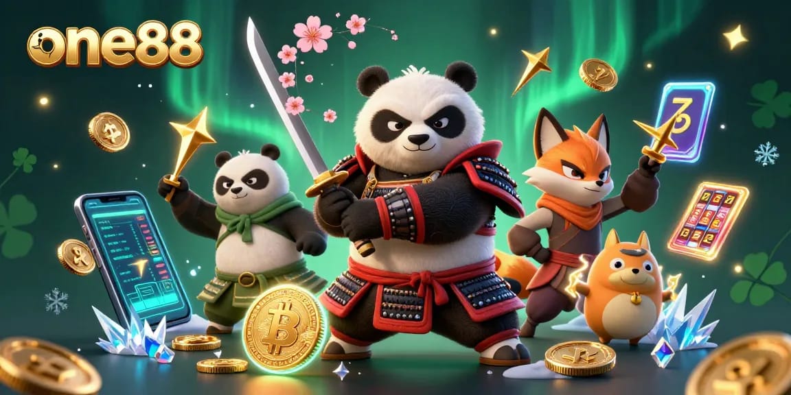 Engage with slot games at one88 featuring a samurai panda, ninja fox, and crypto elements.