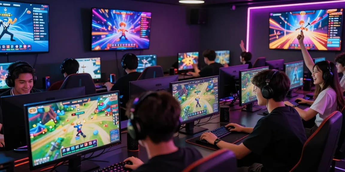 Xocdia88 gaming scene showcasing players enjoying online games in a vibrant, modern lounge.