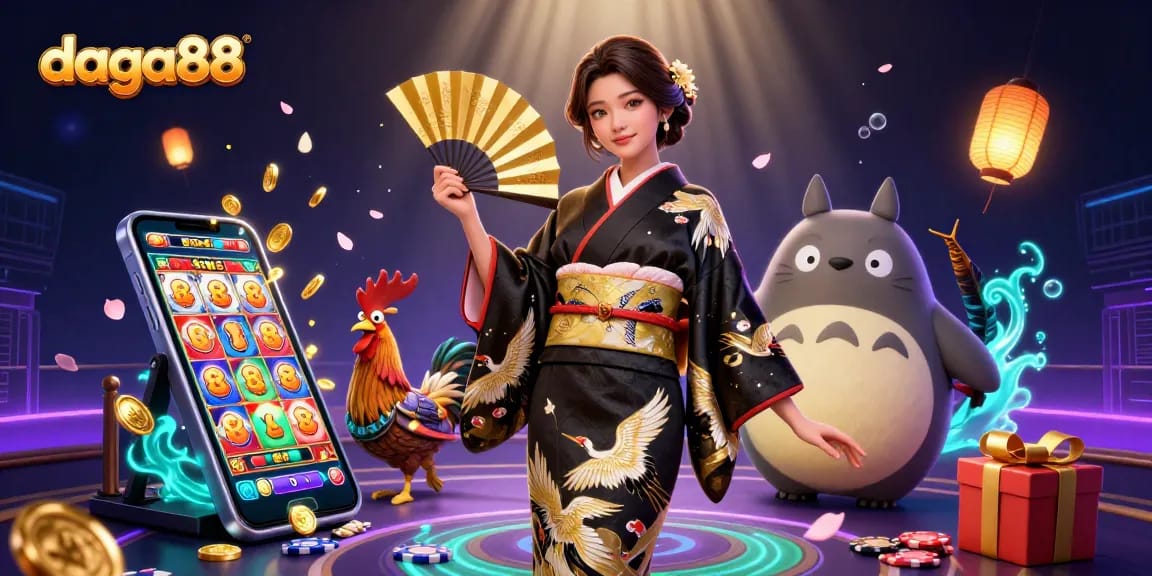 Engage in thrilling cockfighting at daga88, featuring an elegant Asian gamer embracing the excitement.