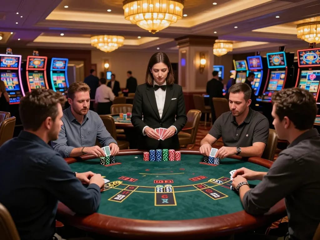 33winvn players experiencing intense blackjack action at an upscale casino table
