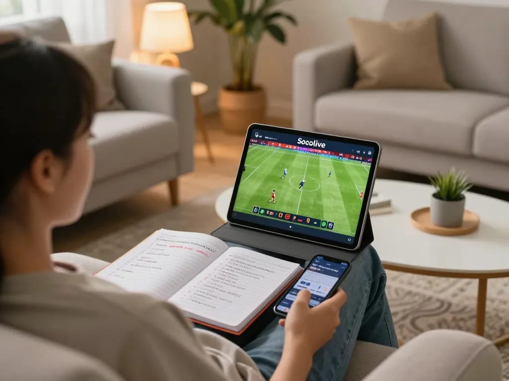 Socolive user enjoying live football matches on tablet in a cozy home setting, emphasizing responsible gaming with personal betting notes.