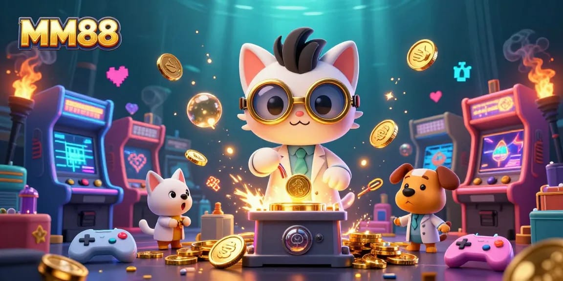 Engage in thrilling gameplay at MM88, surrounded by vibrant 3D casino elements and characters.