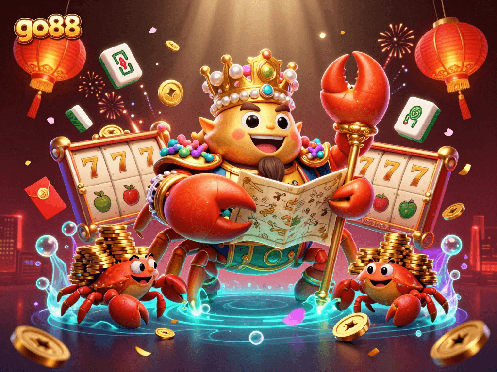 Experience the excitement of go88 with vibrant slot reels and a golden crab emperor in a lively casino scene.