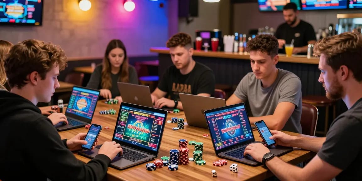 Engaged players enjoying non UK licensed casinos in a lively café, showcasing vibrant atmosphere and gaming excitement.