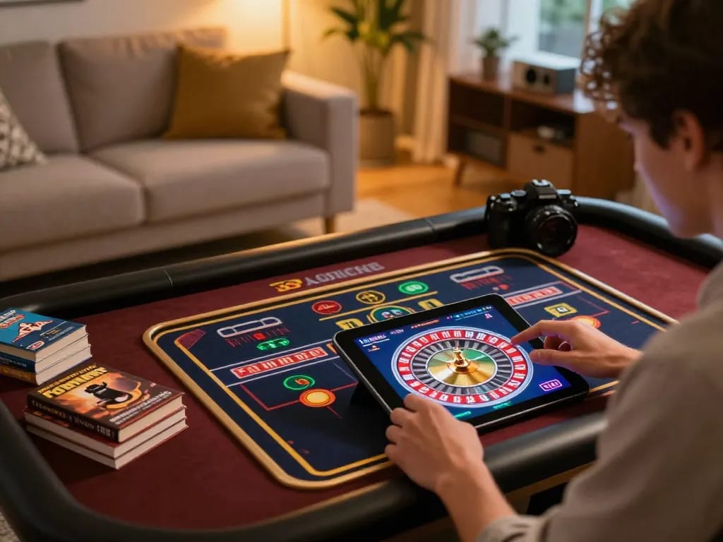 MAY88n user enjoying online casino gaming on tablet with vibrant roulette interface, showcasing responsible gambling.