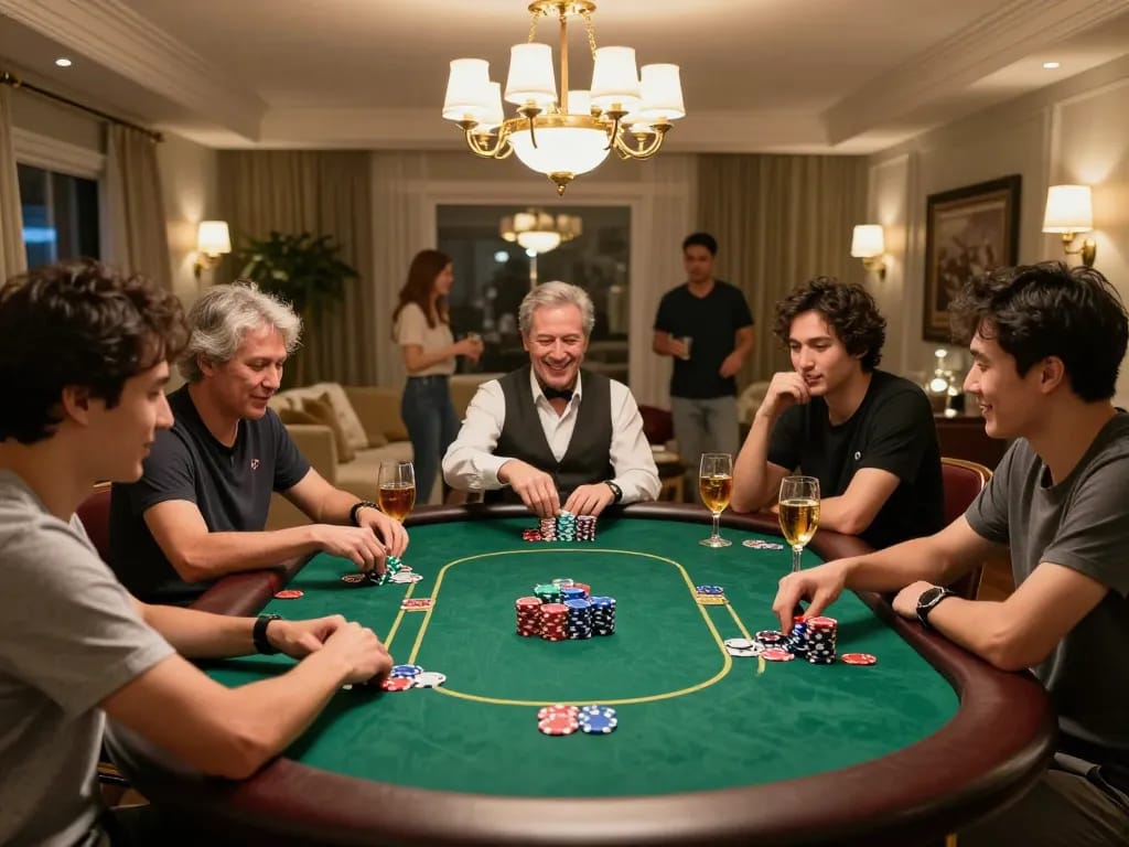 Players engaged in an exciting poker game in a cozy setting, featuring DA88 poker strategies and social interaction.