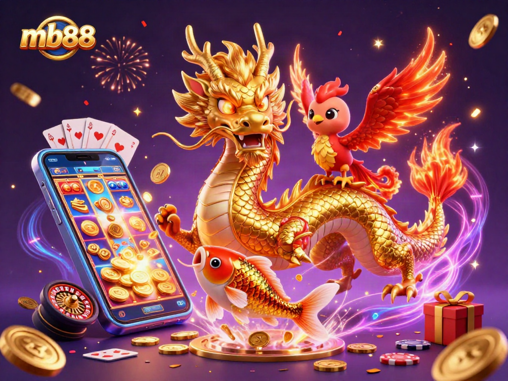 Enjoy thrilling wins at mb88 with this vibrant 3D casino illustration featuring a dragon and phoenix.