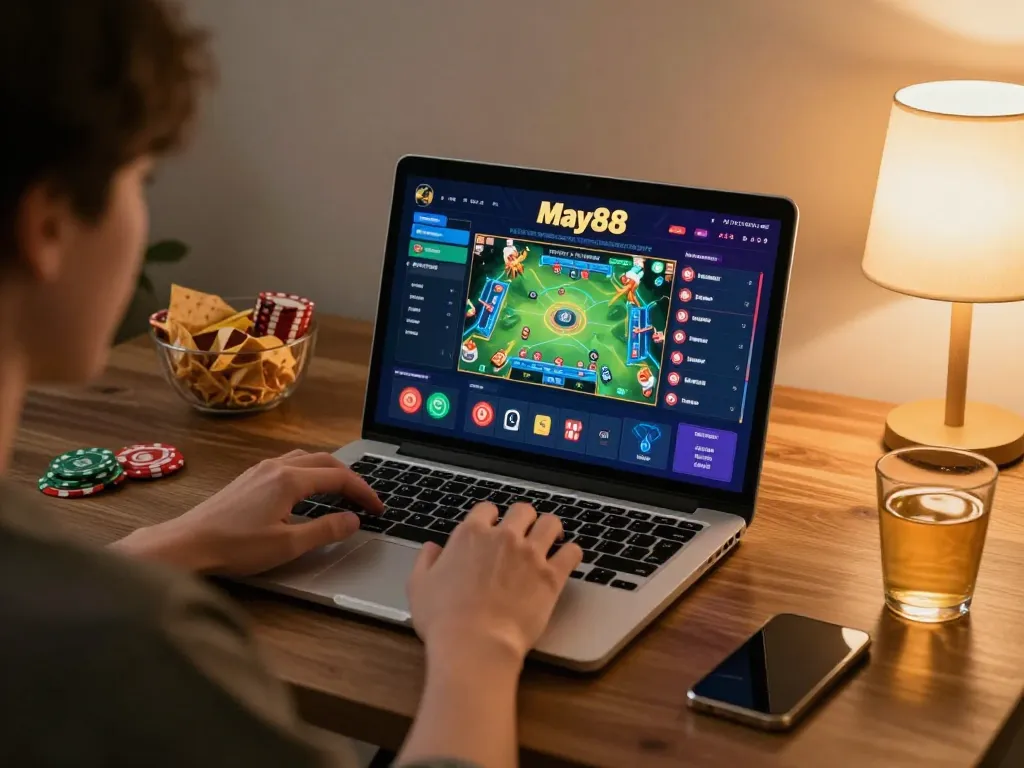 Engage in thrilling gameplay with May88 while strategizing at a cozy home setup.