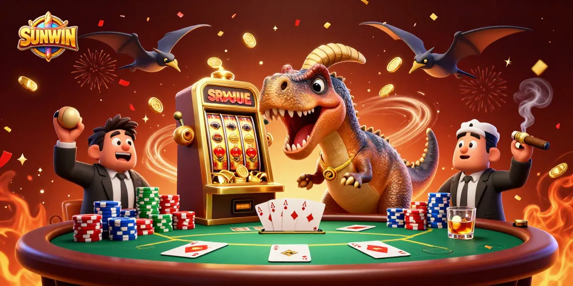 SUNWIN casino experience as a dinosaur interacts with a slot machine, creating an exciting jackpot scene.