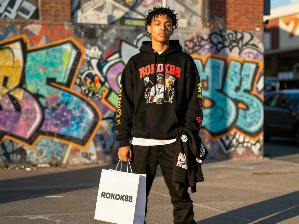 Young person showcasing rokok88 streetwear in vibrant urban setting