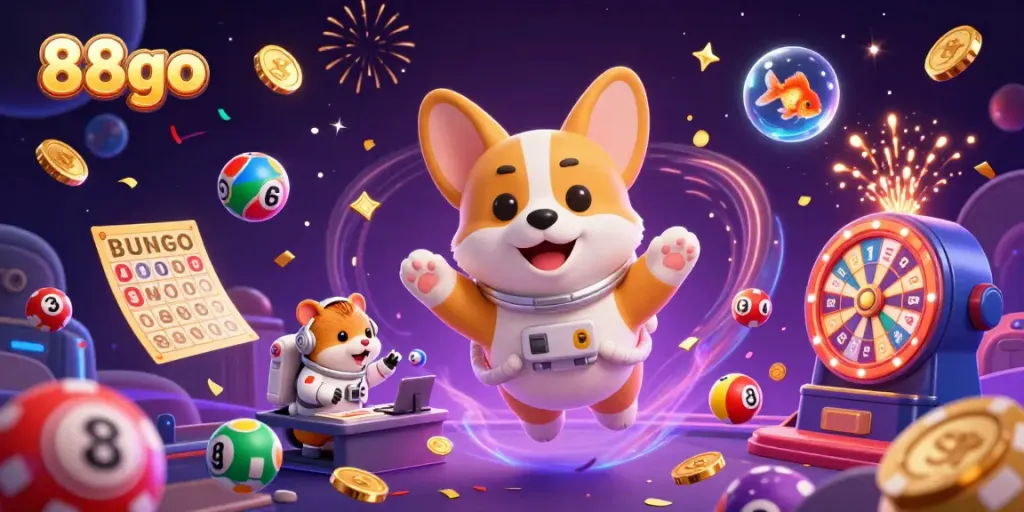 Experience the excitement of 88go Casino with an astronaut corgi and lottery balls in a vibrant space-themed setting.