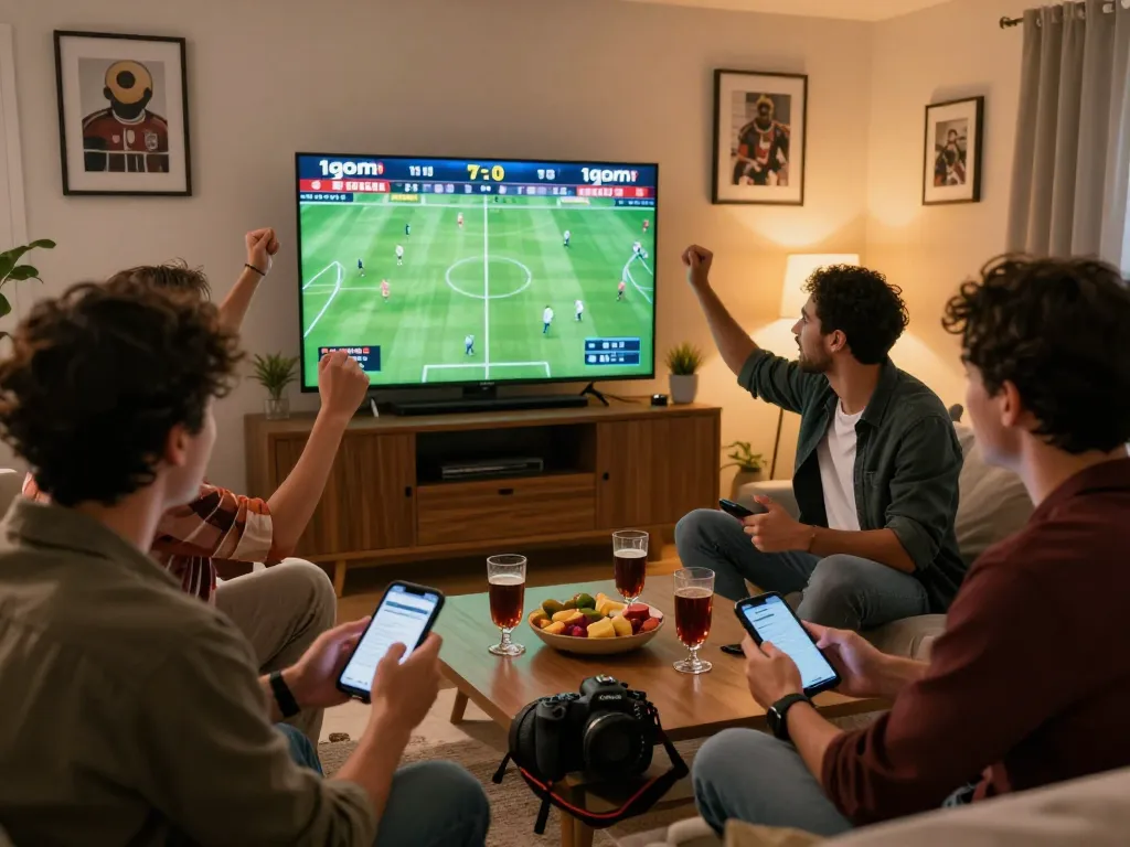 Friends enjoying live football betting at 1gom, cheering and engaging with real-time odds in a vibrant home setting