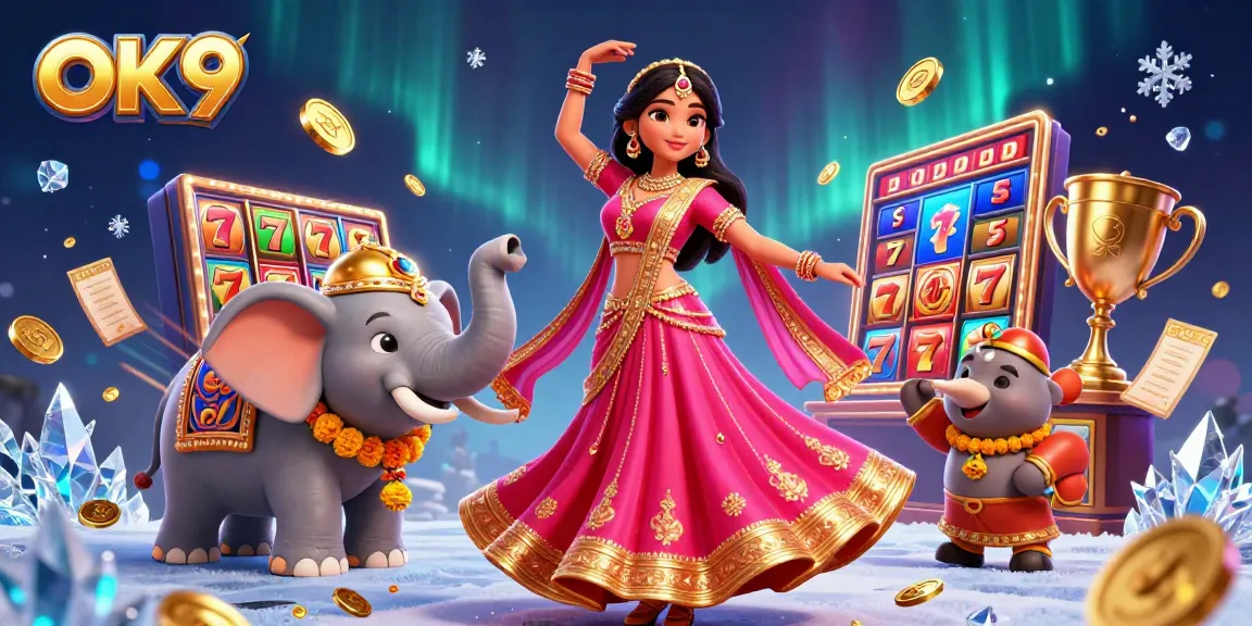Spin the jackpots at OK9 with a vibrant casino scene featuring a beautiful Asian woman and a bejeweled elephant.