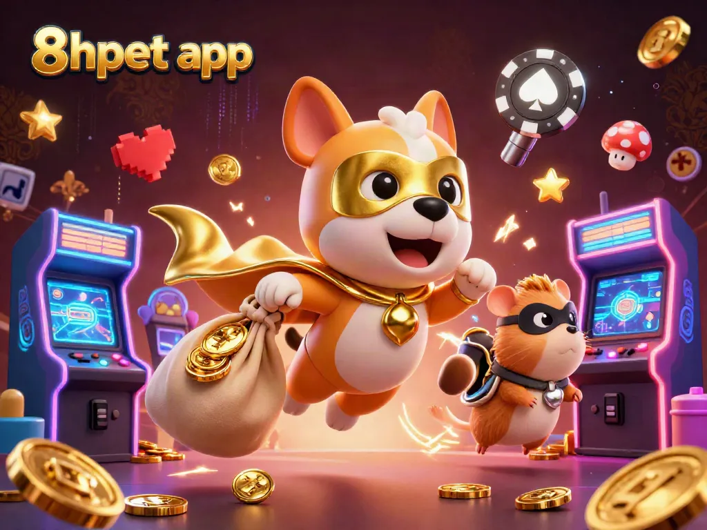 Experience excitement with the 8xbet app in this vibrant casino-themed illustration featuring a superhero dog.