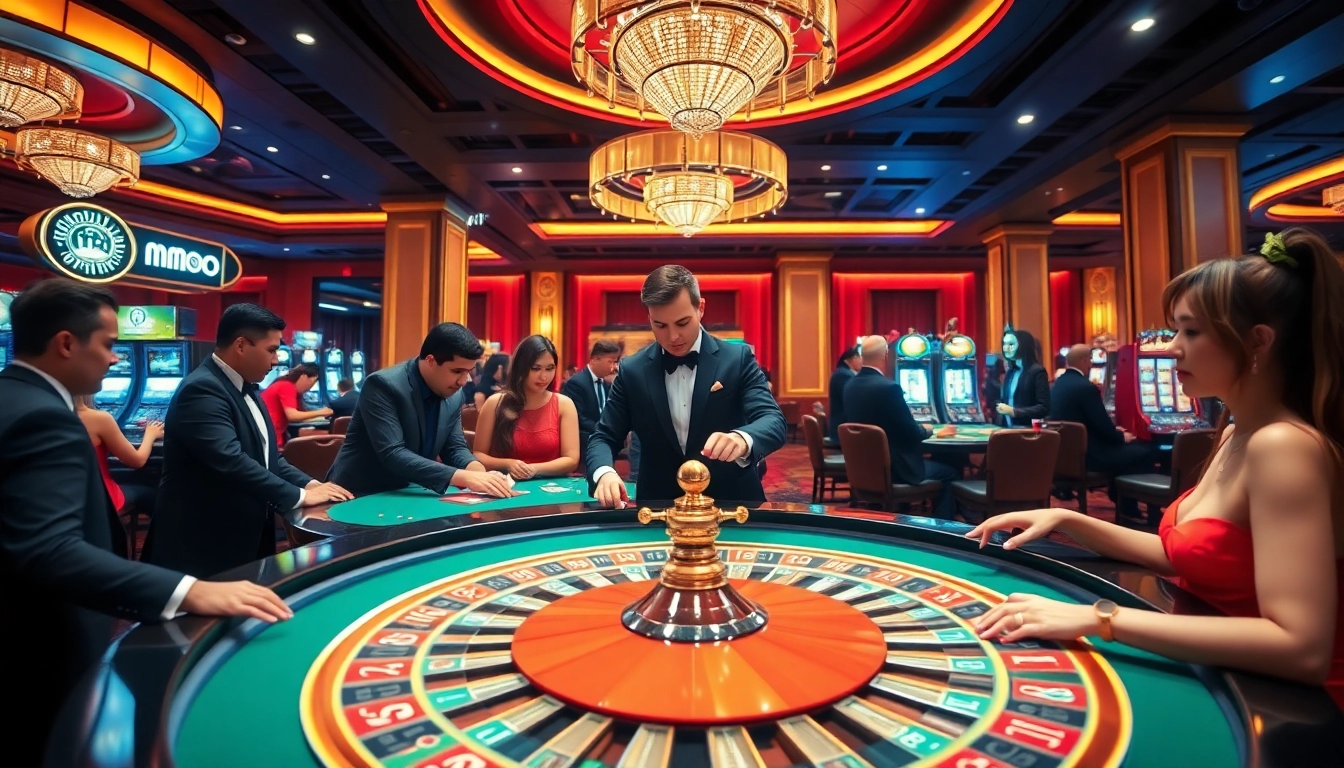 MMOO casino scene showcasing upscale gaming atmosphere with players and vibrant decor.