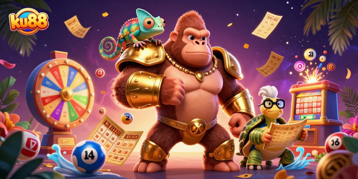 Experience thrilling action with ku88, dynamic casino elements, and colorful gambling icons in a vibrant scene.