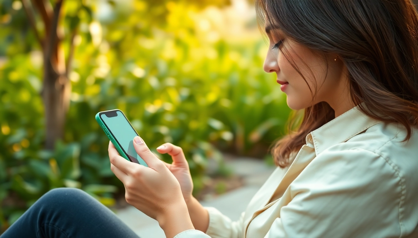 Engaging with the Ayurveda Mobile App in a tranquil garden setting showcasing wellness.