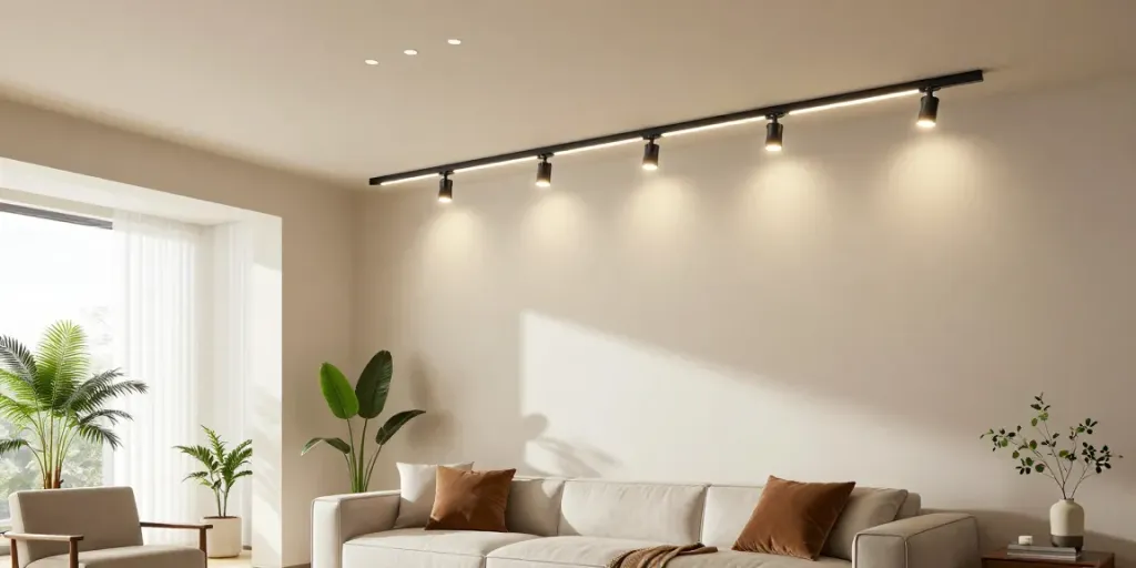 Iluminat modern cu sina magnetica într-un living elegant.
