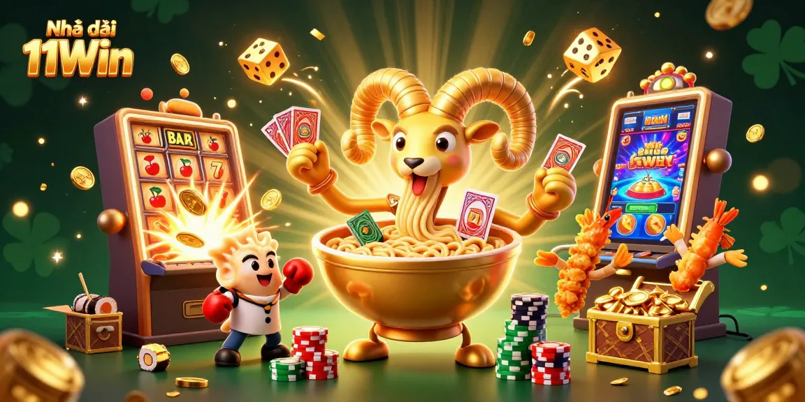 Engage with Nhà cái 11Win’s vibrant 3D casino illustration showcasing a jackpot scene with slots and lively characters.