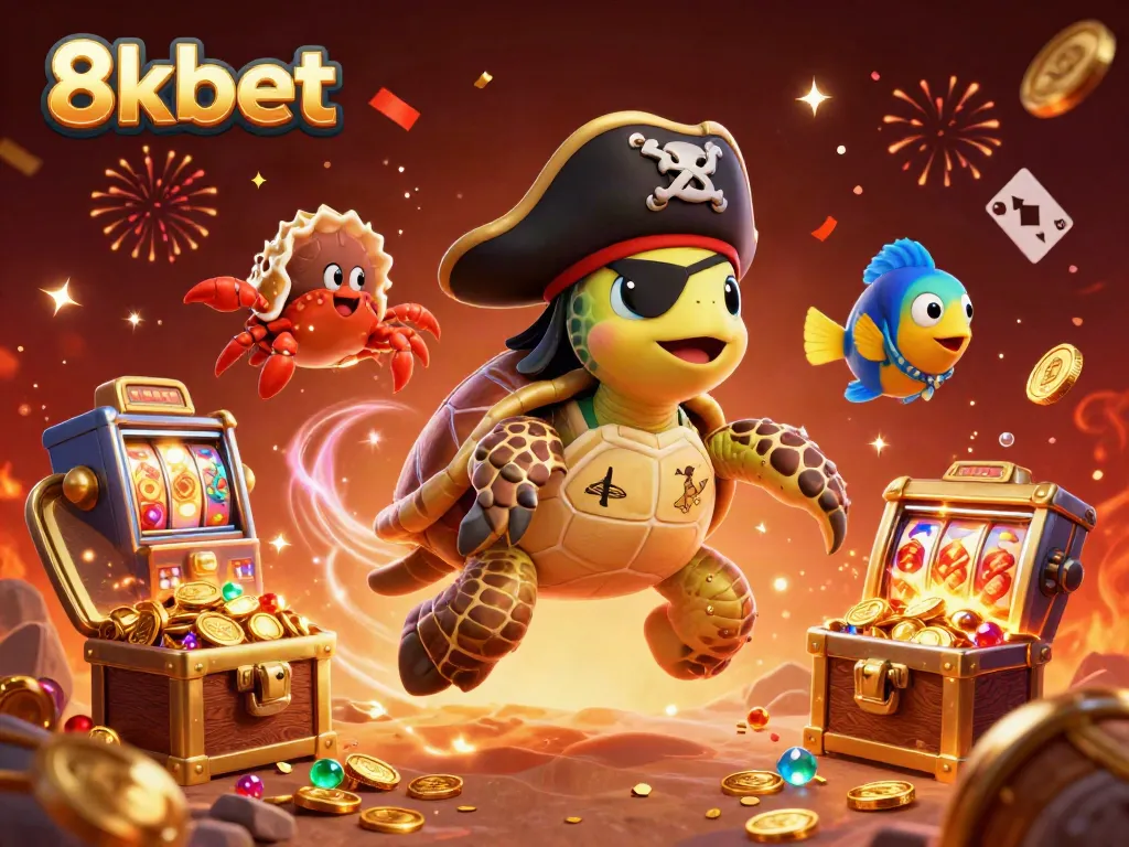 Experience the thrill of 8kbet with a dynamic underwater casino scene featuring colorful characters and treasures.