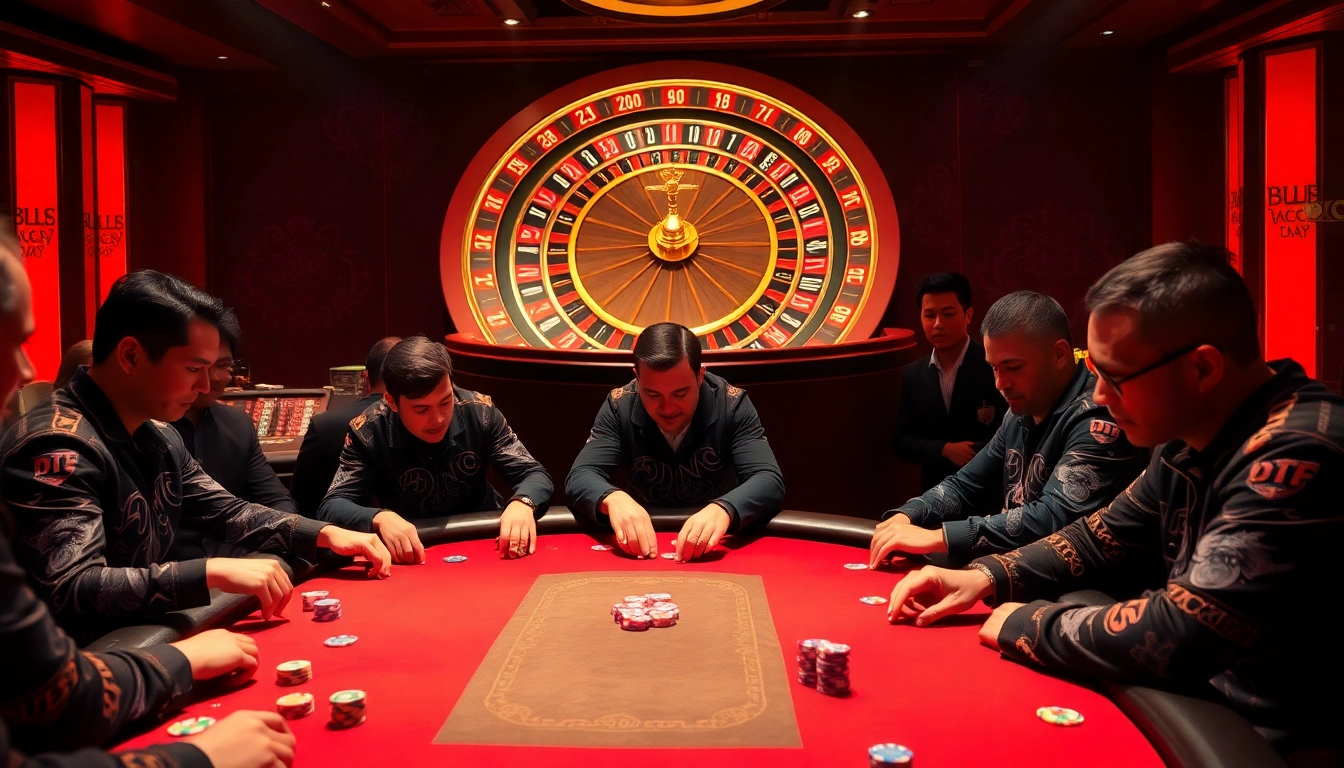 Players enjoying a high-stakes poker game with custom DTF lipdukai designs on their outfits.