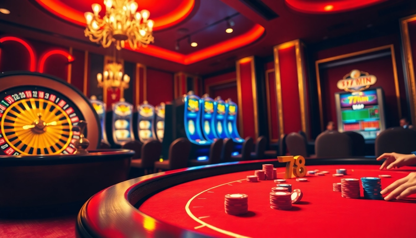 Players strategically placing bets at a 78Win poker table in a vibrant casino setting.