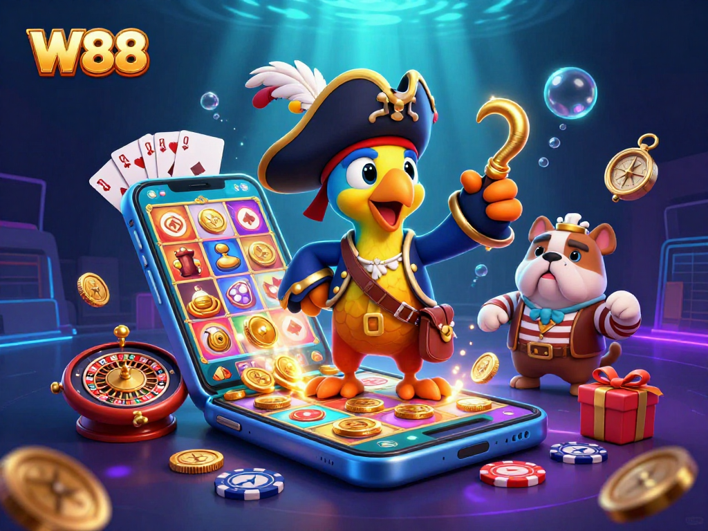 Engaging W88 slot gaming scene with a pirate crew and dynamic gaming elements