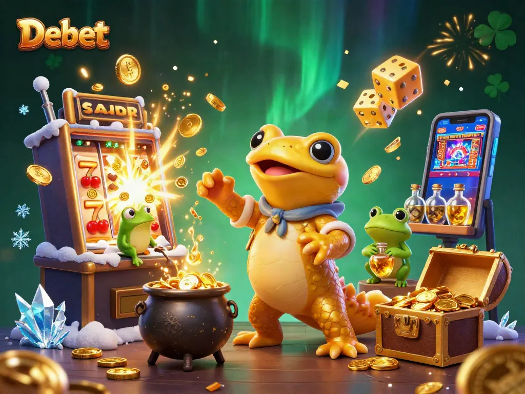 Experience thrilling gameplay with Debet's lively 3D casino scene featuring a golden salamander alchemist.